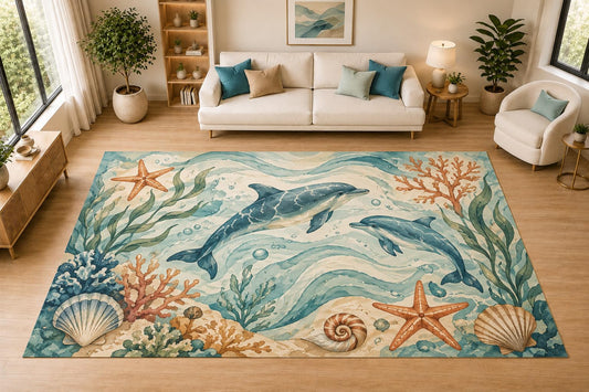 ICE ARMOR "Ultra Light Weight Large 6'7" x 9'10" Dolphin Starfish Coral Decor, Living Room, Bedroom, Dining Room, Office, Family Room, Soft Low Pile Indoor Rug, Non-Slip Silicone Backing, Aqua