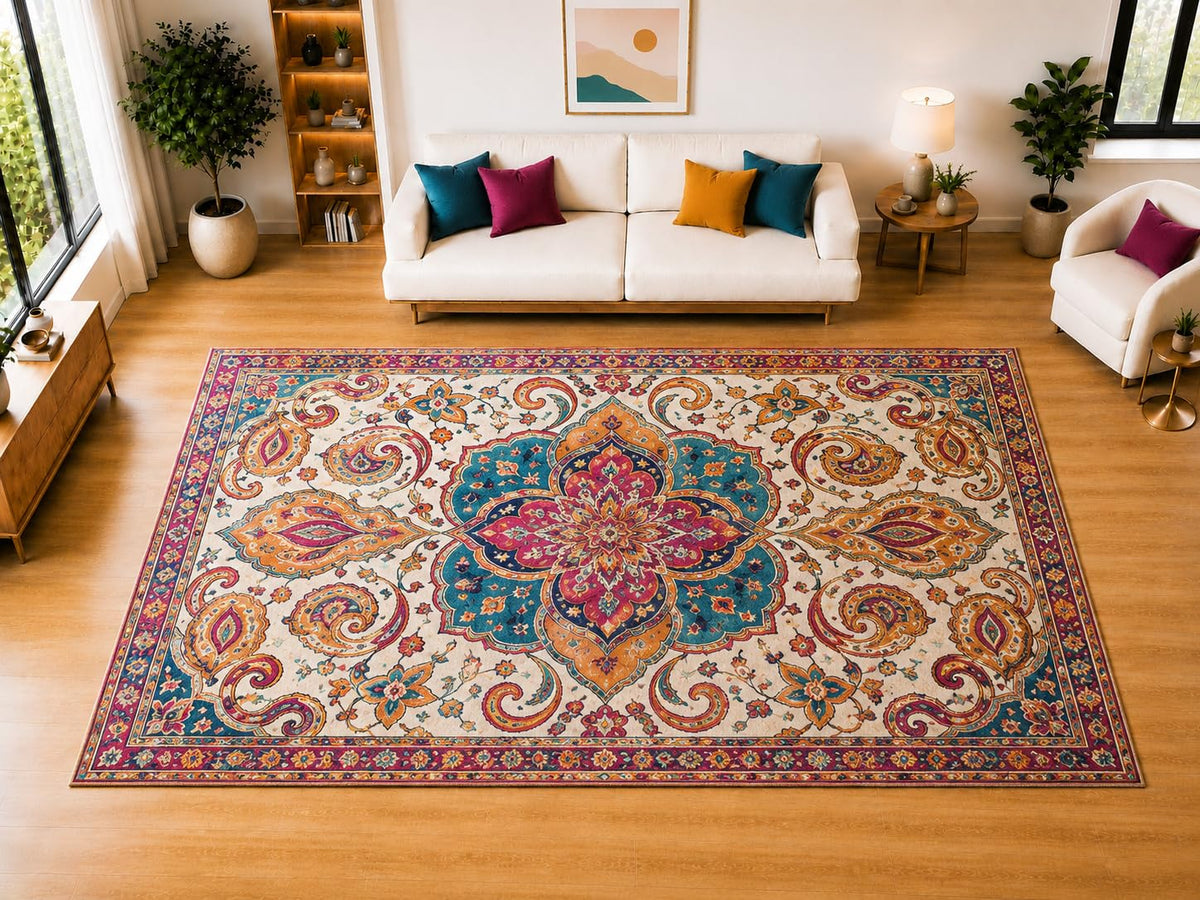 ICE ARMOR "Ultra Light Weight Large 6'7" x 9'10" Bohemian Lotus Paisley Area Rug for Living Room, Bedroom, Dining Room, Soft Low Pile Non-Slip Backing, Teal Magenta Orange