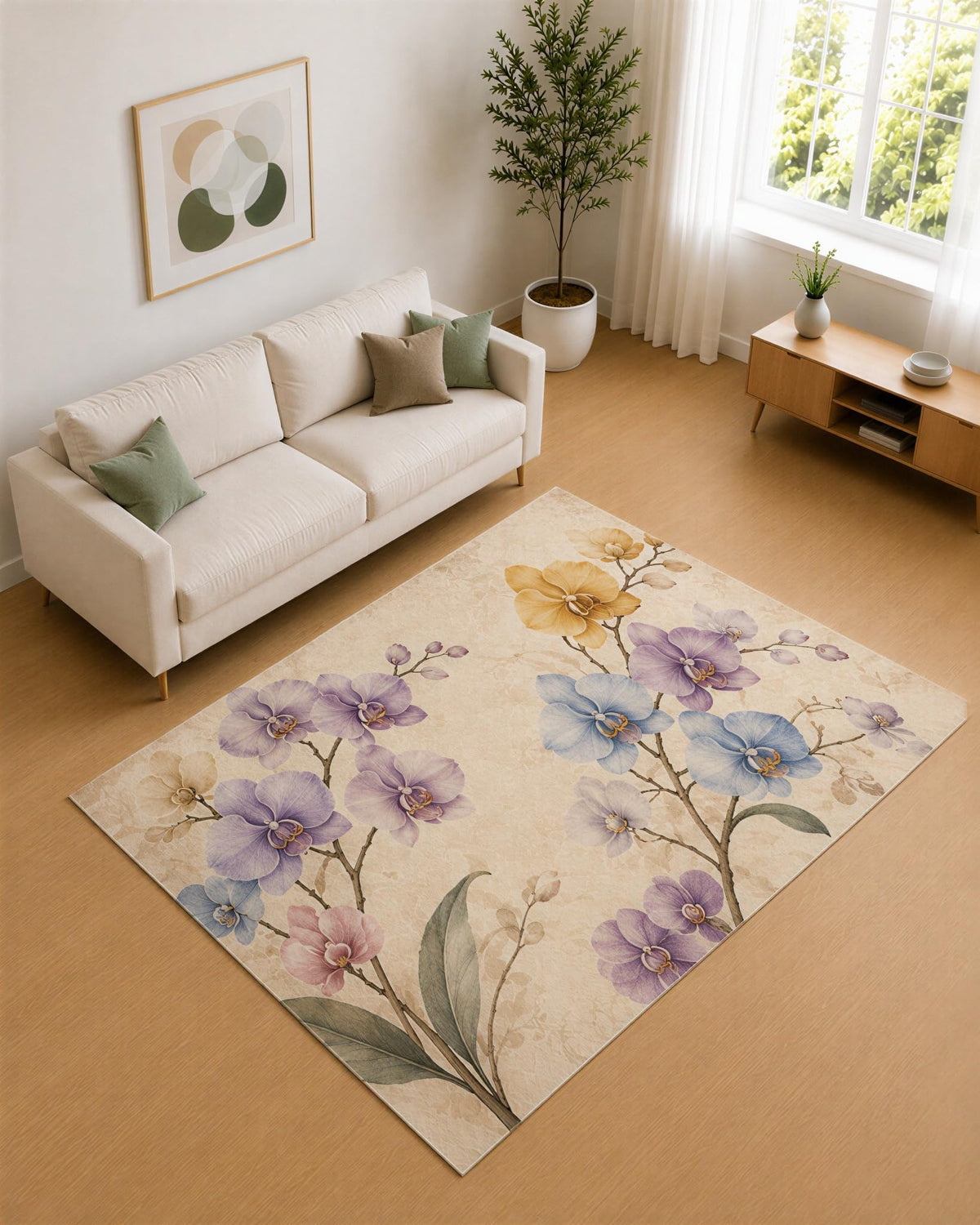 ICE ARMOR 5' x 7' Lavender and Sky Blue Orchid Bloom Area Rug for Living Room, Soft Low Pile Carpet with Non-Slip Silicone Backing, Decor for Bedroom and Home Office