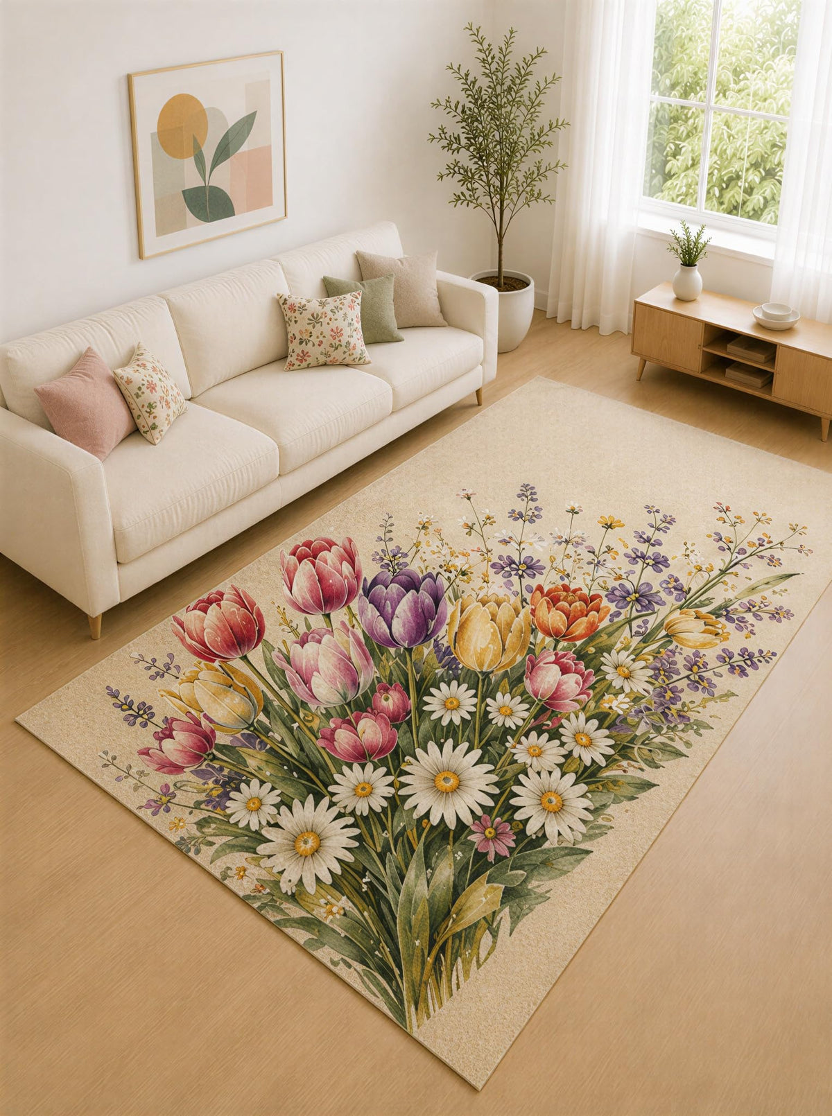 ICE ARMOR "Ultra Lightweight Large 6'7" x 9'10" Pink and Yellow Tulip Daisy Bouquet Area Rug for Living Room, Bedroom and Home Office, Soft Low Pile Carpet with Non-Slip Silicone Backing