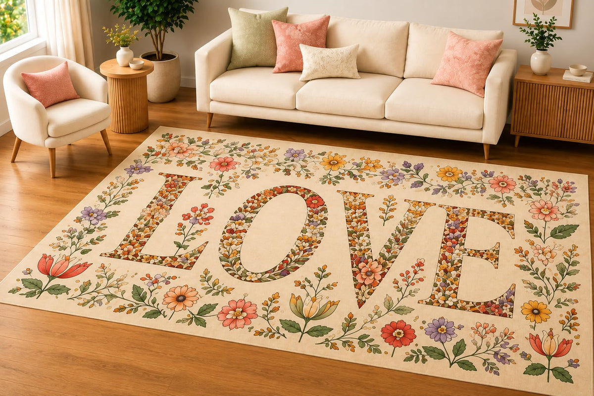 ICE ARMOR 5' x 7' Botanical Pattern Love Area Rug, Soft Low Pile Indoor Rug with Non-Slip Silicone Backing, Decorative Carpet for Living Room, Bedroom, Family Room, Beige Pastel
