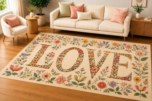 ICE ARMOR 5' x 7' Botanical Pattern Love Area Rug, Soft Low Pile Indoor Rug with Non-Slip Silicone Backing, Decorative Carpet for Living Room, Bedroom, Family Room, Beige Pastel