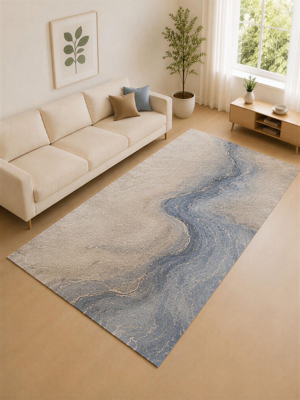 ICE ARMOR Large 6'7" x 9'10" Blue Gray and Ivory Stone River Area Rug for Living Room, Soft Low Pile Carpet with Non-Slip Silicone Backing, Decor for Bedroom and Home Office