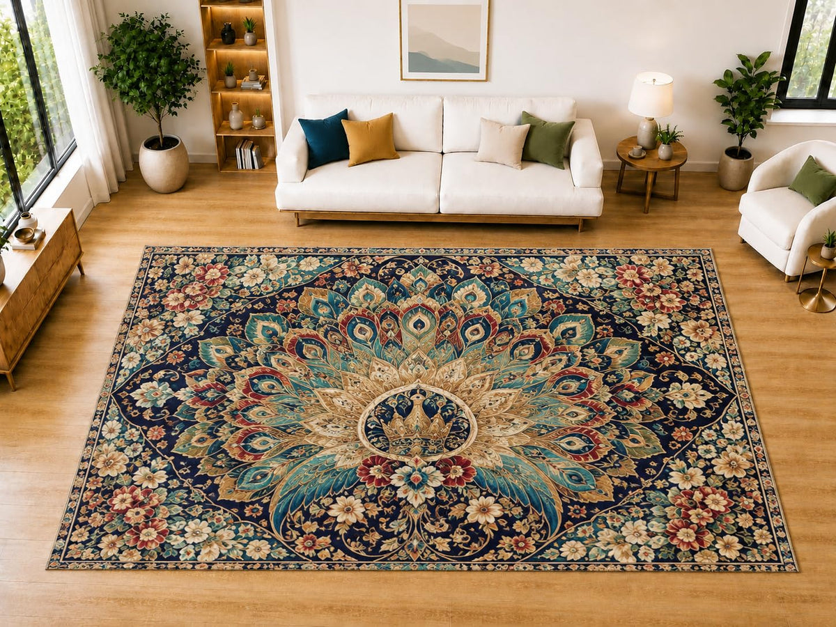 ICE ARMOR "Ultra Light Weight Large 6'7" x 9'10" Majestic Peacock Floral Fan Area Rug for Living Room, Bedroom, Dining Room, Soft Low Pile Non-Slip Backing, Navy Teal Burgundy Cream