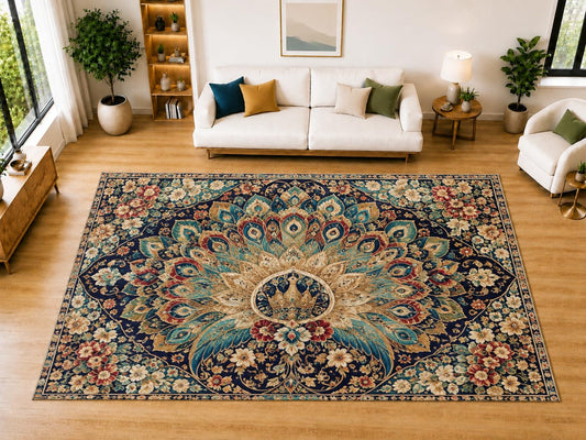 ICE ARMOR "Ultra Light Weight Large 6'7" x 9'10" Majestic Peacock Floral Fan Area Rug for Living Room, Bedroom, Dining Room, Soft Low Pile Non-Slip Backing, Navy Teal Burgundy Cream
