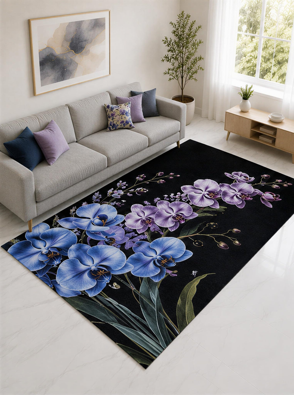 ICE ARMOR "Ultra Lightweight Large 6'7" x 9'10" Blue and Purple Orchid Botanical Area Rug for Living Room, Bedroom and Home Office, Soft Low Pile Carpet with Non-Slip Silicone Backing