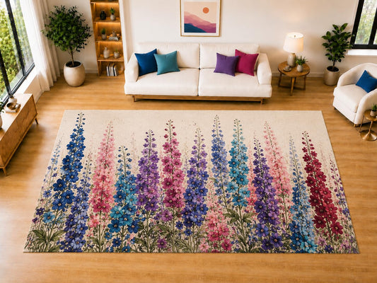 ICE ARMOR "Ultra Light Weight Large 6'7" x 9'10" Delphinium Garden Area Rug for Living Room Bedroom Dining Room, Soft Low Pile Non-Slip Backing, Blue Pink Purple Cream Botanical Decor
