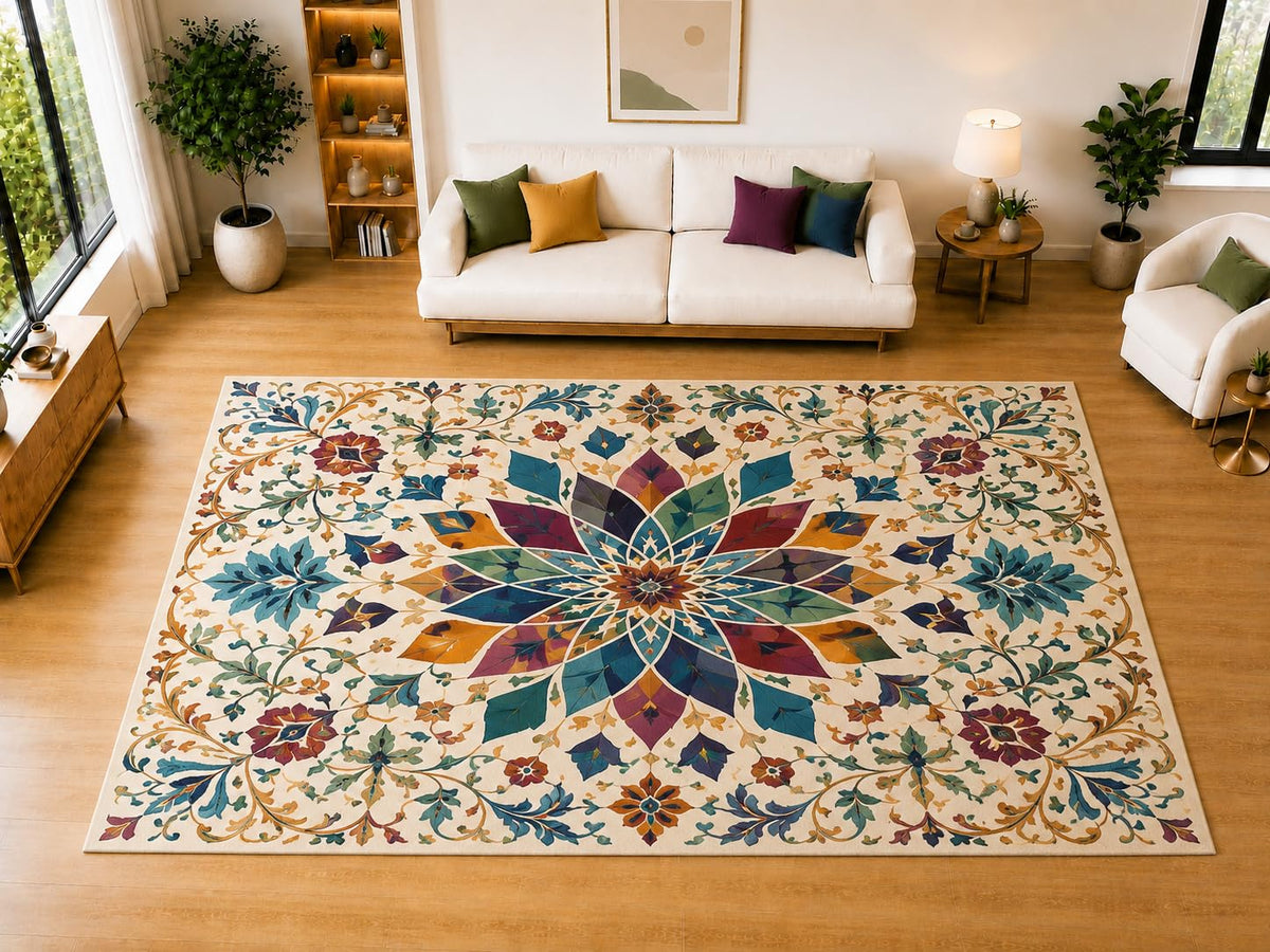 ICE ARMOR "Ultra Light Weight Large 6'7" x 9'10" Botanical Starburst Medallion Area Rug for Living Room, Bedroom, Dining Room, Soft Low Pile Non-Slip Backing, Ivory Teal Burgundy Mustard