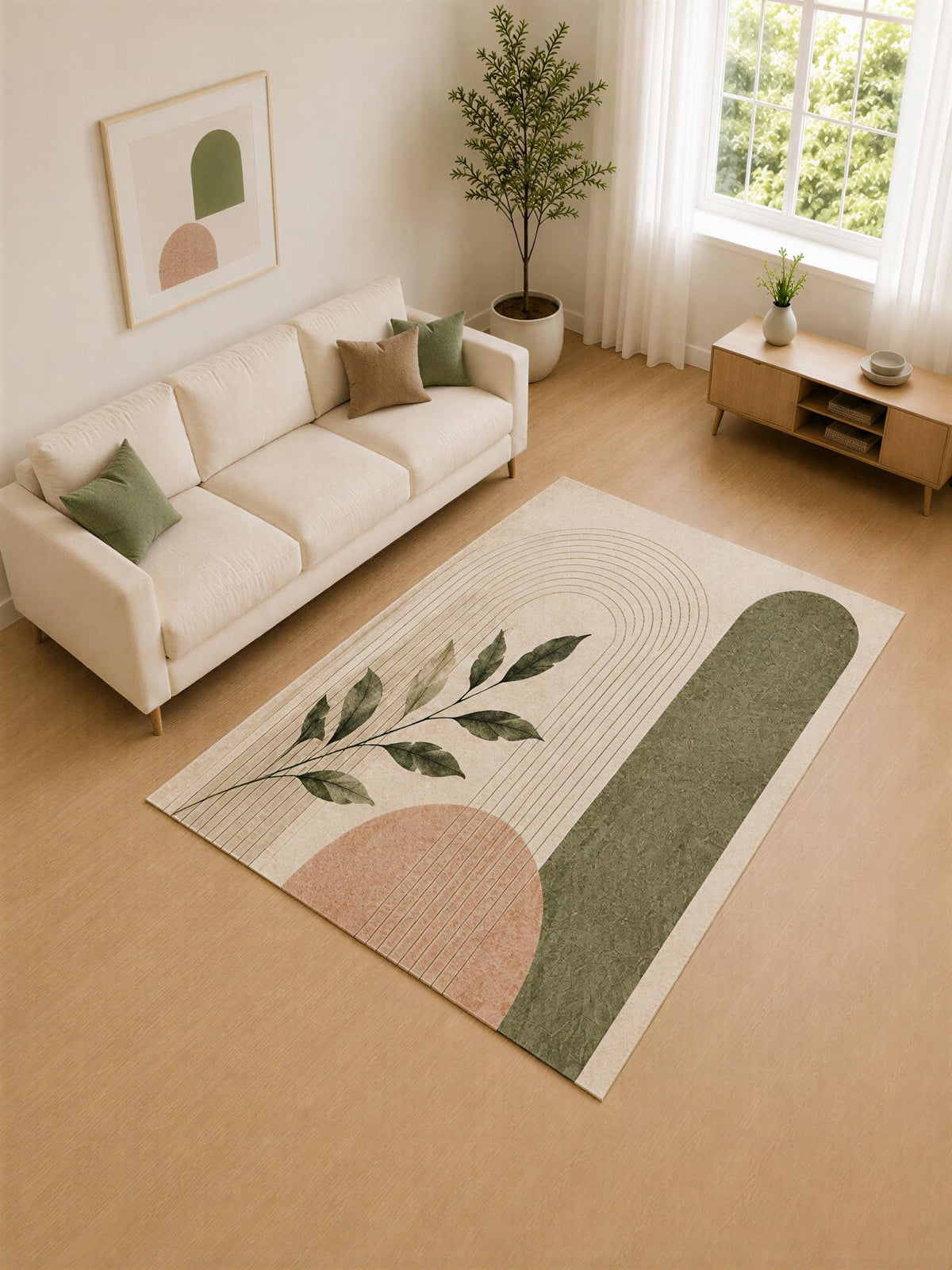 ICE ARMOR 5' x 7' Sage Green and Blush Line Arches Area Rug for Living Room, Soft Low Pile Carpet with Non-Slip Silicone Backing, Decor for Bedroom and Home Office