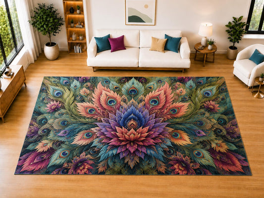 ICE ARMOR "Ultra Light Weight Large 6'7" x 9'10" Feather Bloom Fantasy Area Rug for Living Room, Bedroom, Dining Room, Soft Low Pile Non-Slip Backing, Teal Coral Purple Blue