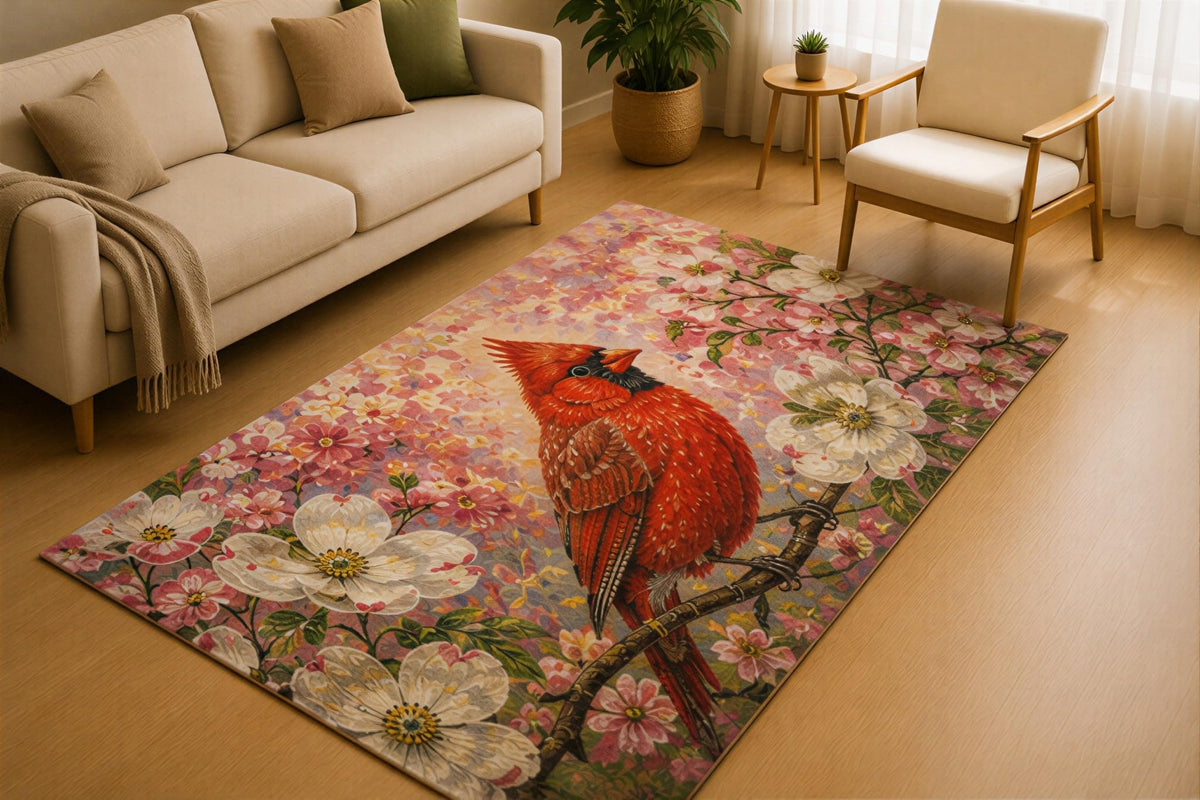 ICE ARMOR 5' x 7' Cardinal Blossom Garden Area Rug for Living Room, Soft Low Pile Indoor Rug with Non-Slip Silicone Backing, Floral Decorative Carpet for Bedroom, Office, Red Pink