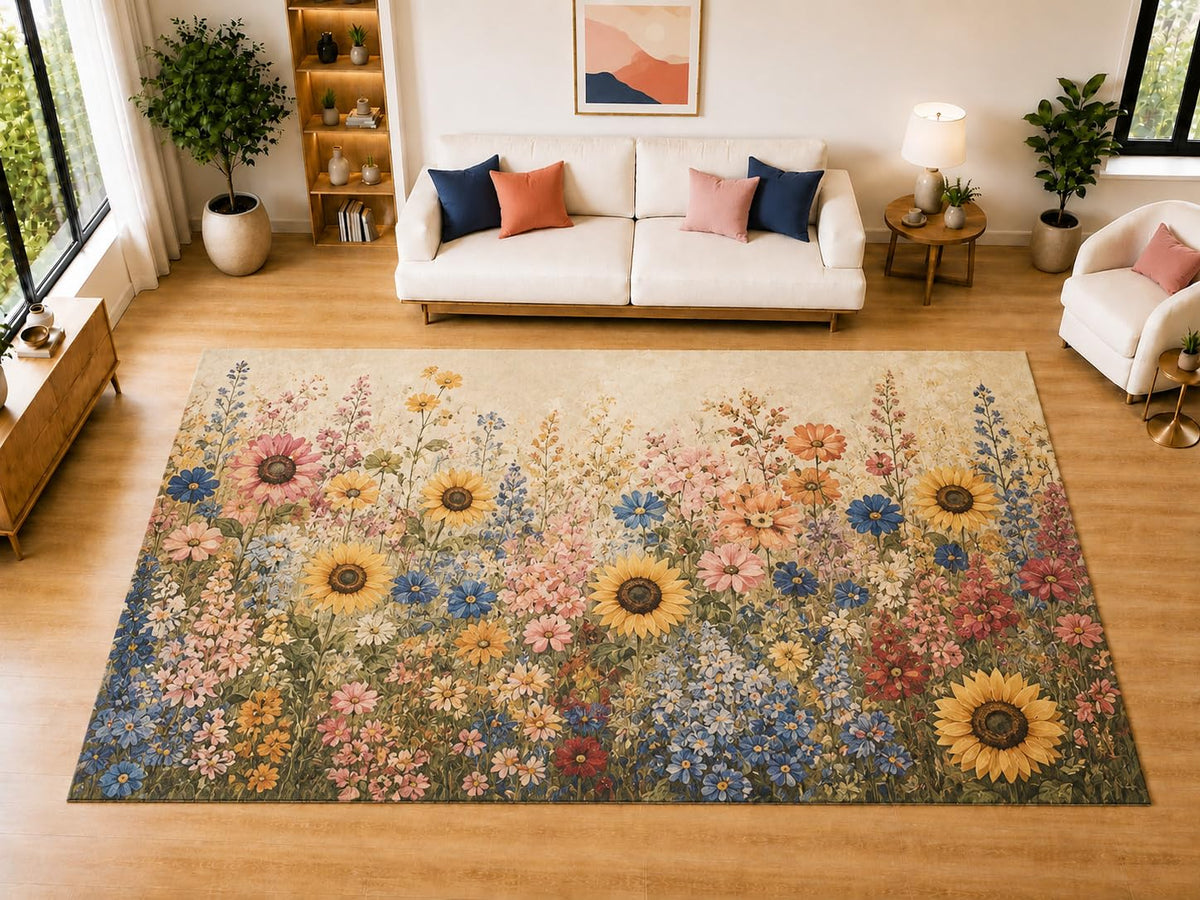 ICE ARMOR "Ultra Light Weight Large 6'7 x 9'10 Sunflower Wildflower Meadow Area Rug for Living Room, Dining Room, and Bedroom, Soft Low Pile Indoor Rug, Garden Floor Decor