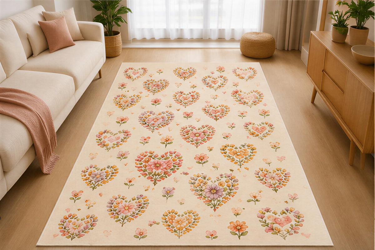 ICE ARMOR 5' x 7' Wildflower Heart Pattern Area Rug for Living Room, Soft Low Pile Indoor Rug with Non-Slip Silicone Backing, Botanical Carpet for Bedroom, Nursery, Kids Room, Playroom, Kids & Pets