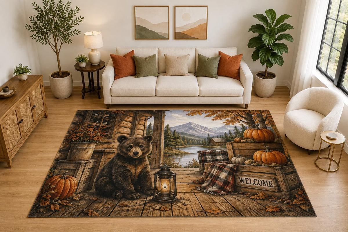 ICE ARMOR "Ultra Light Weight Large 6'7" x 9'10" Bear Cabin Porch Rug, Soft Low Pile Indoor Rug, Non-Slip Silicone Backing for Living Room Brown