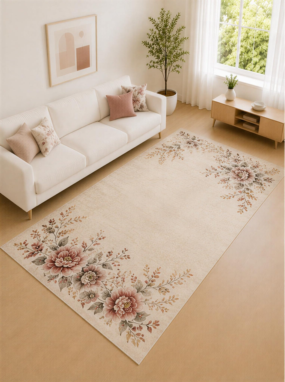 ICE ARMOR "Ultra Lightweight Large 6'7" x 9'10" Cream and Rose Corner Bouquet Area Rug for Living Room, Bedroom and Home Office, Soft Low Pile Carpet with Non-Slip Silicone Backing