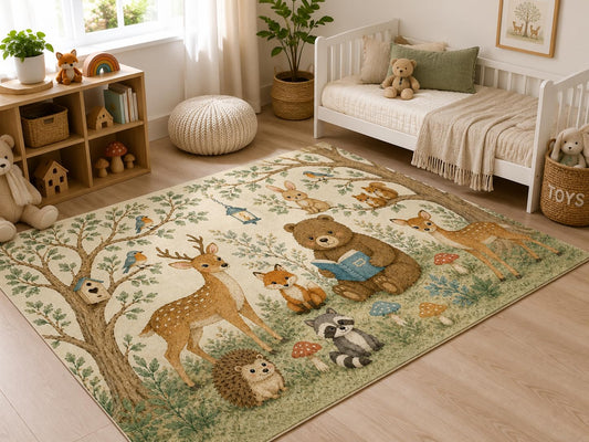ICE ARMOR 5' x 7' Woodland Forest Friends Area Rug, Soft Low Pile Indoor Rug with Non-Slip Silicone Backing, Storybook Nursery Carpet for Kids Room, Playroom, Kids and Pets, Beige Green
