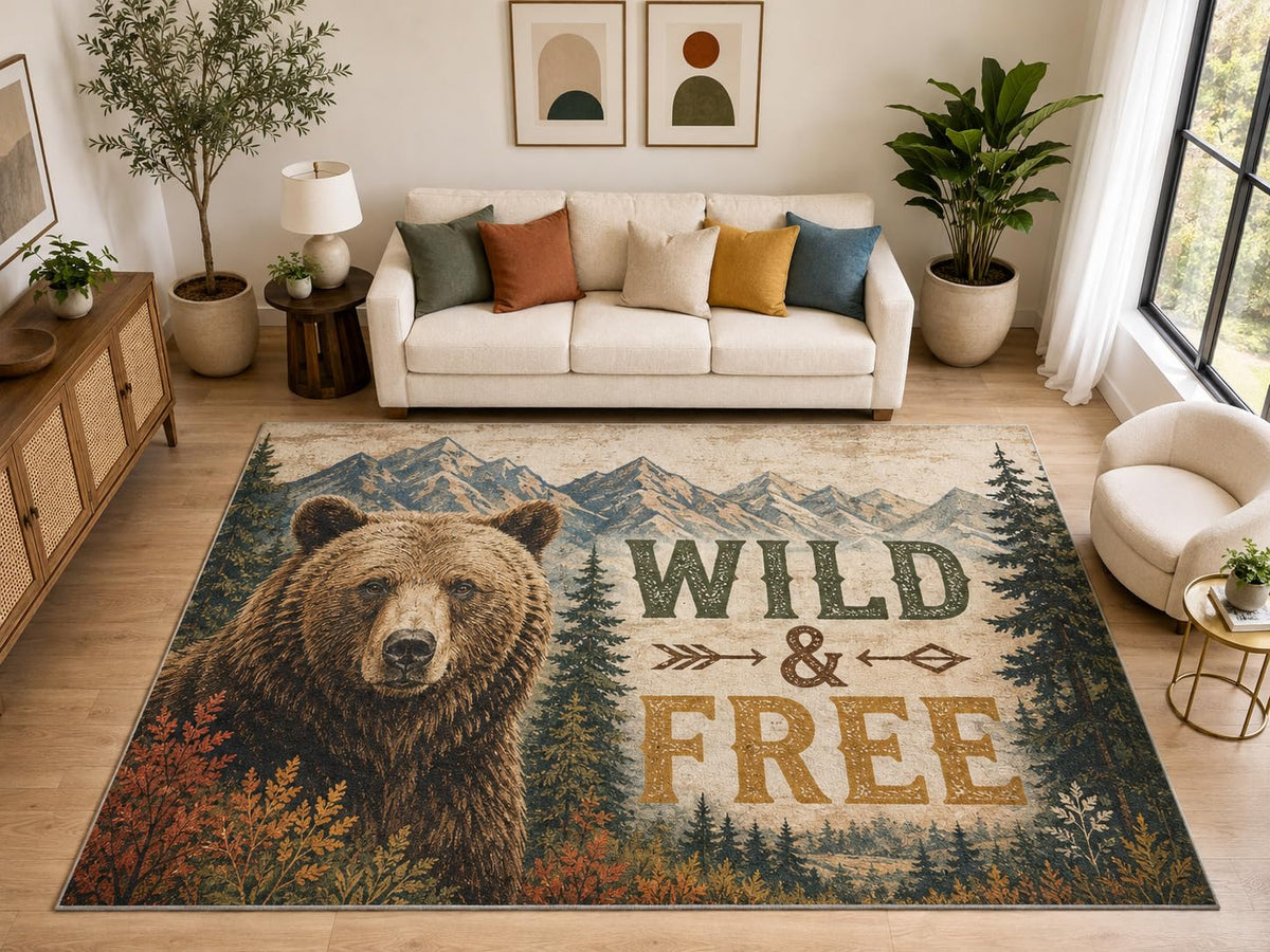 ICE ARMOR "Ultra Light Weight Large 6'7" x 9'10" Wild Bear Mountain Rug, Soft Low Pile Indoor Rug, Non-Slip Silicone Backing for Living Room Brown