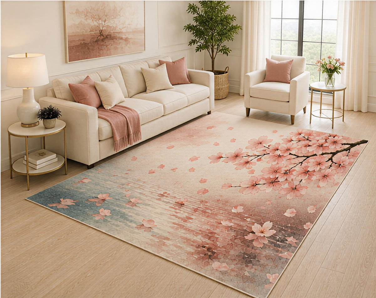 ICE ARMOR 5' x 7' Cherry Blossom Area Rug, Pink Sakura Floral Watercolor Branch Design for Living Room Bedroom Nursery, Non-Slip Silicone Backing, Low Pile Carpet