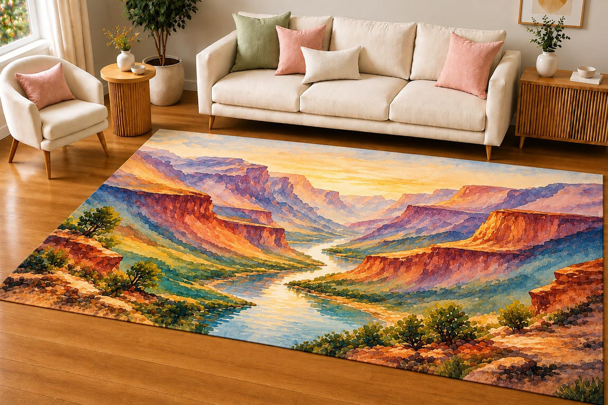 ICE ARMOR 5' x 7' Desert Canyon River Area Rug, Soft Low Pile Indoor Rug with Non-Slip Silicone Backing, Scenic Carpet for Living Room, Bedroom, Office, Family Room, Beige Terracotta