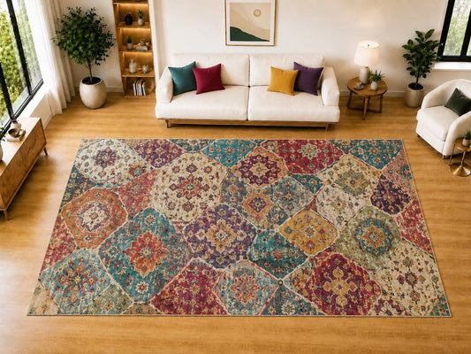 ICE ARMOR "Ultra Light Weight Large 6'7" x 9'10" Patchwork Medallion Area Rug for Living Room, Bedroom, Dining Room, Soft Low Pile Non-Slip Backing, Teal Burgundy Cream
