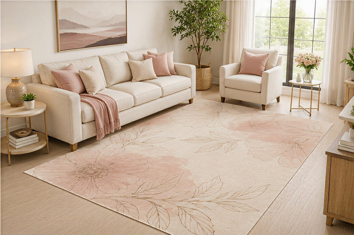 ICE ARMOR 5' x 7' Blush Floral Area Rug, Soft Pink Watercolor Flower Botanical Design for Living Room Bedroom Nursery, Non-Slip Silicone Backing, Low Pile Carpet