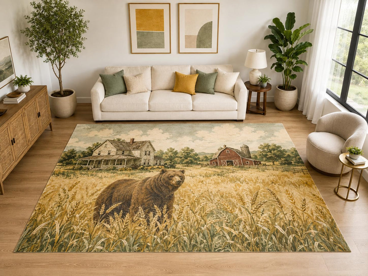 ICE ARMOR "Ultra Light Weight Large 6'7" x 9'10" Bear Wheat Farm Area Rug, Soft Low Pile Indoor Rug, Non-Slip Silicone Backing, Living Room, Beige