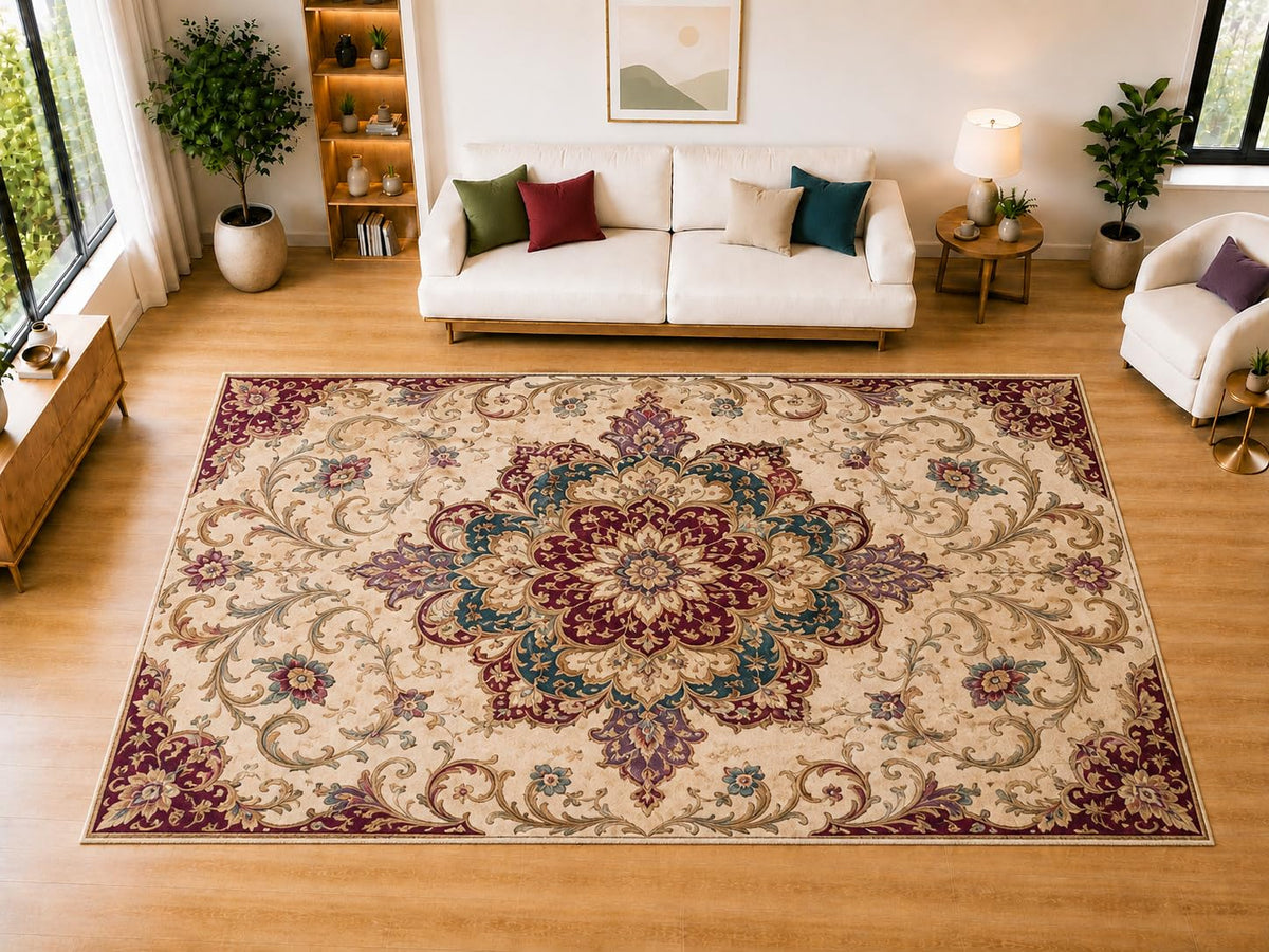 ICE ARMOR "Ultra Light Weight Large 6'7" x 9'10" Burgundy Floral Rosette Area Rug for Living Room, Bedroom, Dining Room, Soft Low Pile Non-Slip Backing, Burgundy Teal Beige