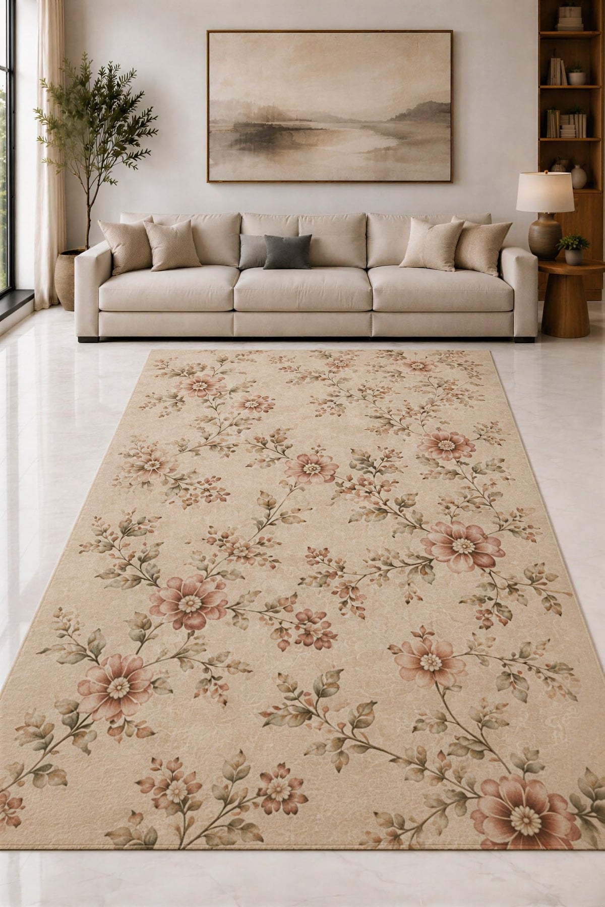 ICE ARMOR "Ultra Lightweight Large 6'7" x 9'10" Cream and Terracotta Meadow Sprigs Area Rug for Living Room, Bedroom and Home Office, Soft Low Pile Carpet with Non-Slip Silicone Backing