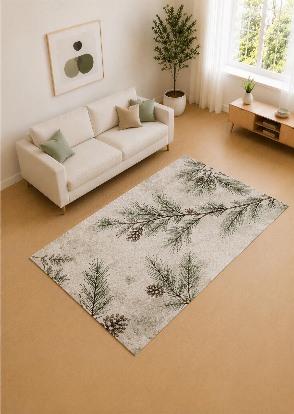 ICE ARMOR 5' x 7' Sage Green and Beige Pine Corners Area Rug for Living Room, Soft Low Pile Carpet with Non-Slip Silicone Backing, Decor for Bedroom and Home Office
