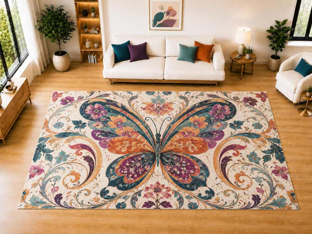 ICE ARMOR "Ultra Light Weight Large 6'7" x 9'10" Floral Butterfly Scroll Area Rug for Living Room, Bedroom, Dining Room, Soft Low Pile Non-Slip Backing, Orange Teal Purple