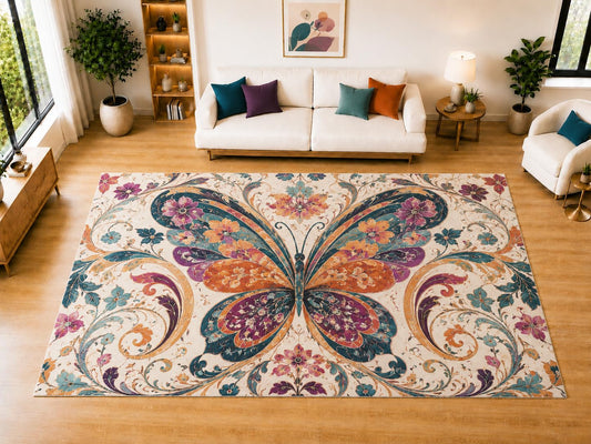 ICE ARMOR "Ultra Light Weight Large 6'7" x 9'10" Floral Butterfly Scroll Area Rug for Living Room, Bedroom, Dining Room, Soft Low Pile Non-Slip Backing, Orange Teal Purple