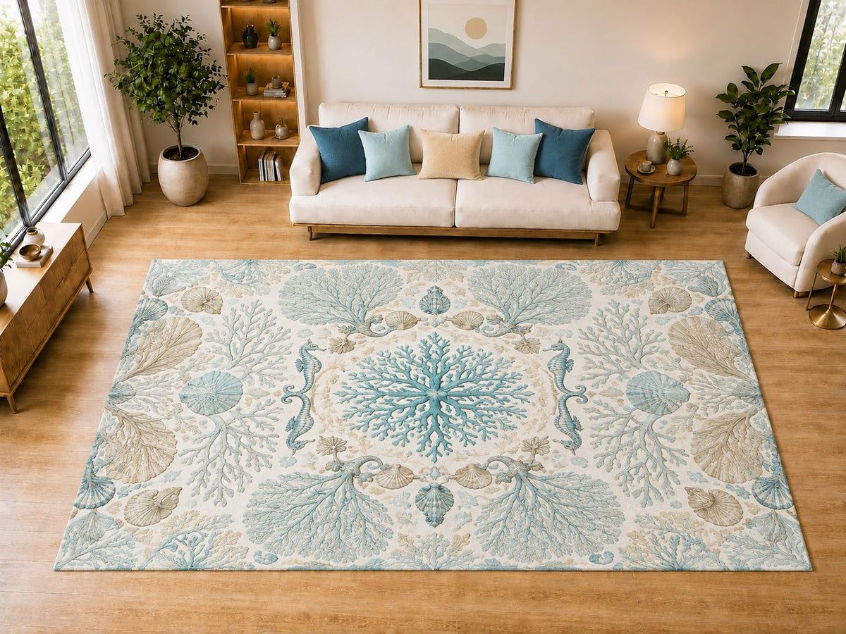 ICE ARMOR "Ultra Light Weight Large 6'7" x 9'10" Coral Seahorse Area Rug for Dining, Living Room, Bedroom, Soft Low Pile Indoor Rug with Non-Slip Silicone Backing, Aqua Cream
