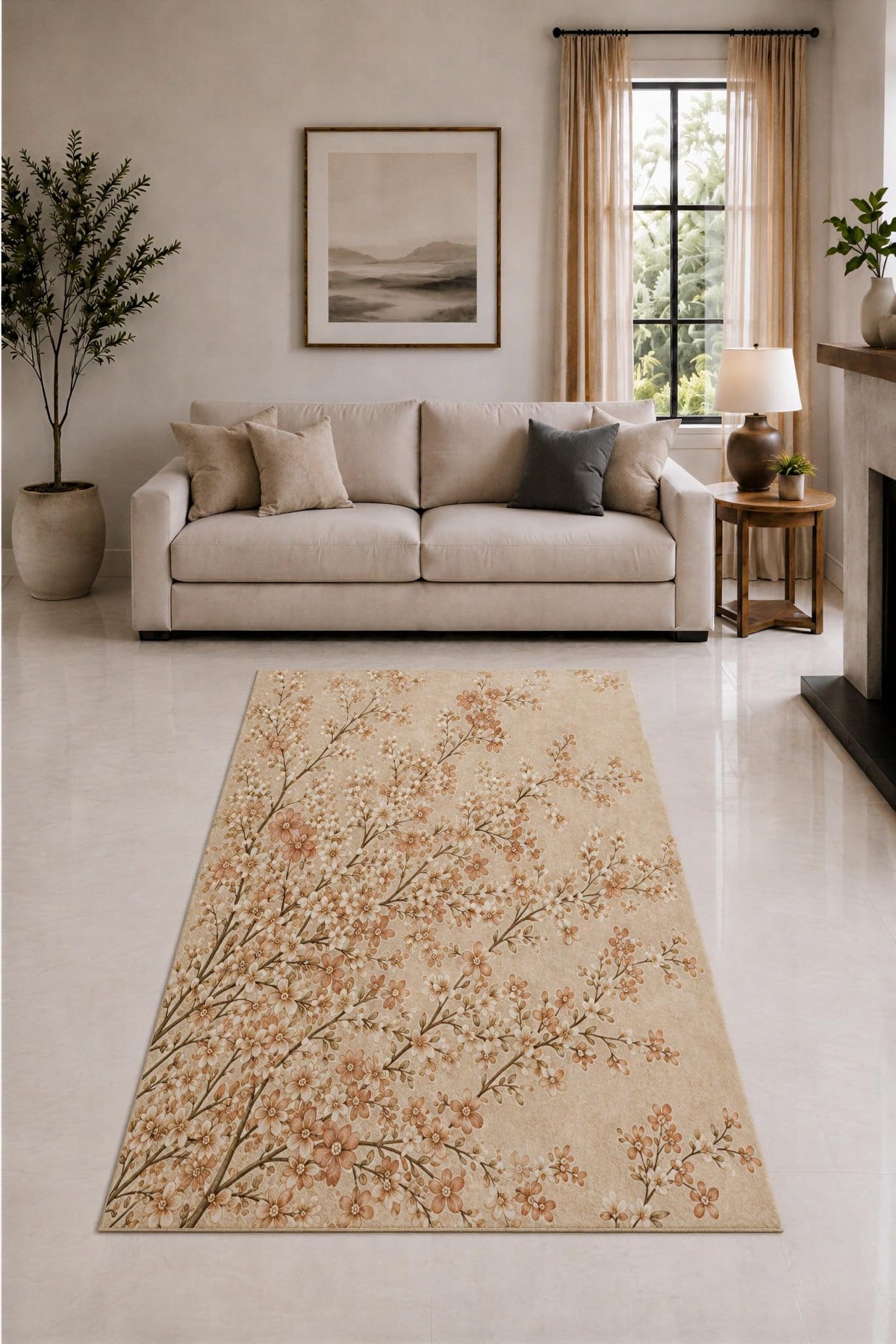 ICE ARMOR "Ultra Lightweight 5' x 7' Beige and Peach Branch Garden Area Rug for Living Room, Bedroom and Home Office, Soft Low Pile Carpet with Non-Slip Silicone Backing