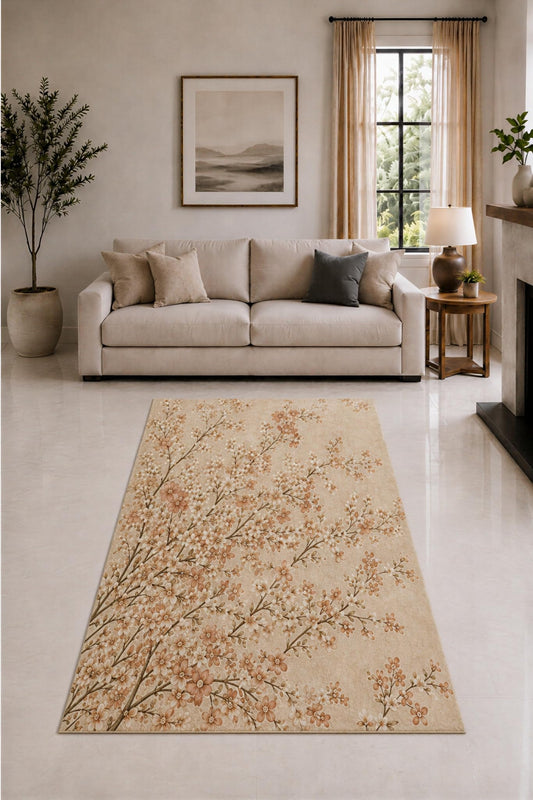 ICE ARMOR "Ultra Lightweight 5' x 7' Beige and Peach Branch Garden Area Rug for Living Room, Bedroom and Home Office, Soft Low Pile Carpet with Non-Slip Silicone Backing
