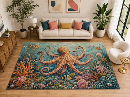 ICE ARMOR "Ultra Light Weight Large 6'7" x 9'10" Octopus Coral Rug Bedroom, Soft Low Pile Indoor Rug and Non-Slip Silicone Backing, Aqua