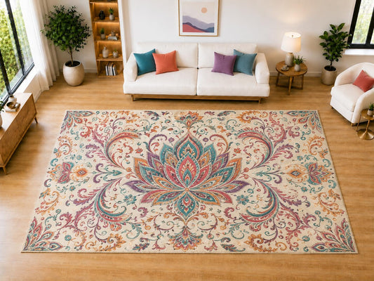 ICE ARMOR "Ultra Light Weight Large 6'7" x 9'10" Colorful Lotus Scroll Area Rug for Living Room, Bedroom, Dining Room, Soft Low Pile Non-Slip Backing, Teal Coral Purple