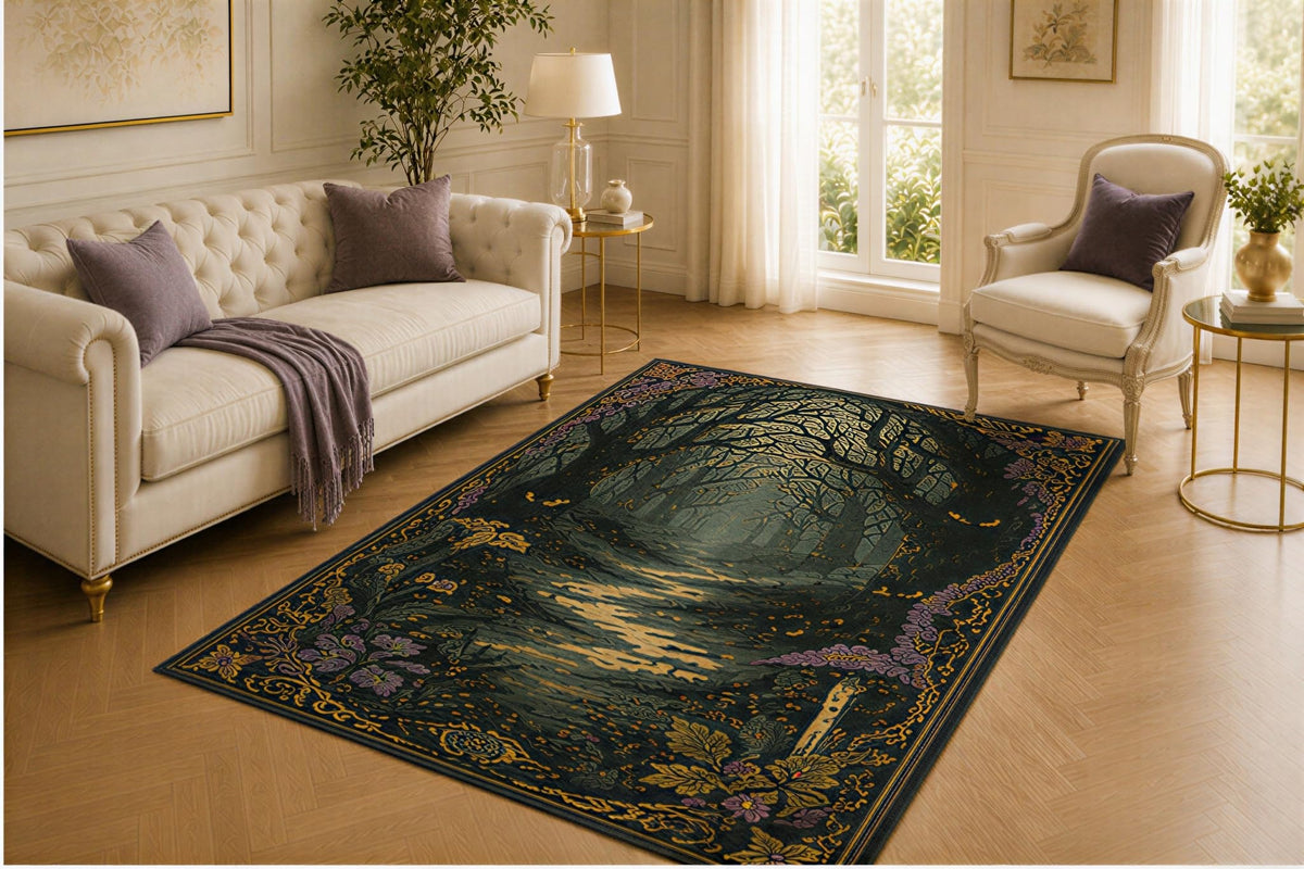 ICE ARMOR 5' x 7' Enchanted Forest Rug, Moonlit Path and Shadowy Tree Design, Smooth Printed Floor Cover for Bedroom, Library, Lounge and Gothic Home Decor