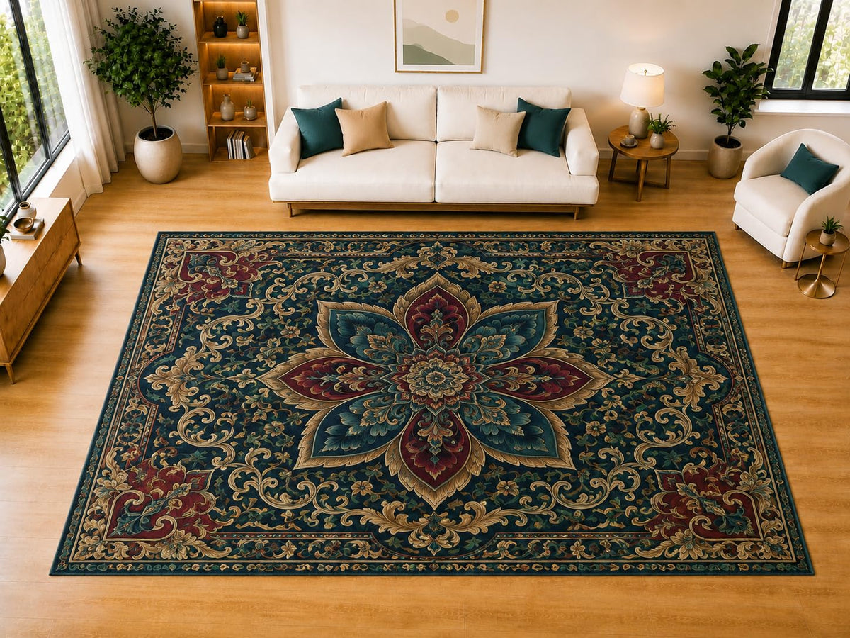 ICE ARMOR "Ultra Light Weight Large 6'7" x 9'10" Dark Teal Floral Medallion Area Rug for Living Room, Bedroom, Dining Room, Soft Low Pile Non-Slip Backing, Teal Burgundy Cream