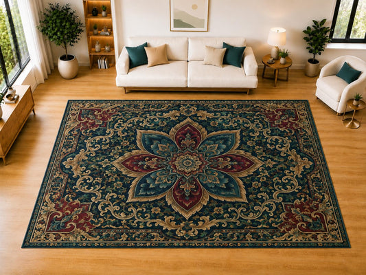 ICE ARMOR "Ultra Light Weight Large 6'7" x 9'10" Dark Teal Floral Medallion Area Rug for Living Room, Bedroom, Dining Room, Soft Low Pile Non-Slip Backing, Teal Burgundy Cream