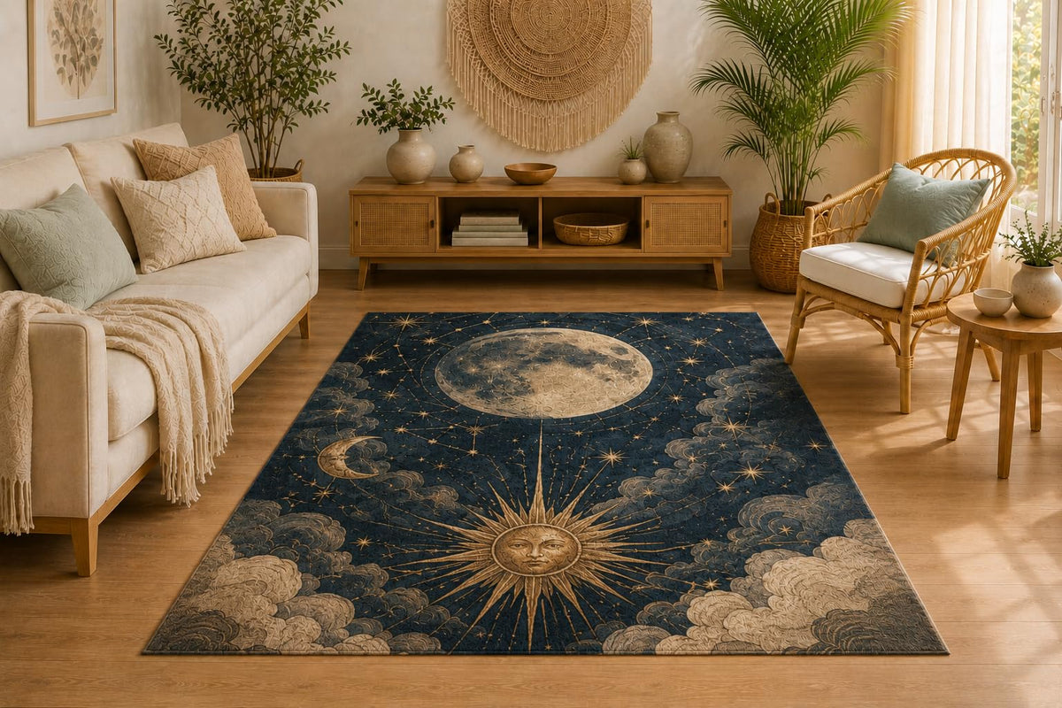 ICE ARMOR 5' x 7' Celestial Moon Sun Area Rug, Soft Low Pile Indoor Rug with Non-Slip Silicone Backing, Decorative Carpet for Living Room, Bedroom, Dining Room, Office, Starry Sky Design