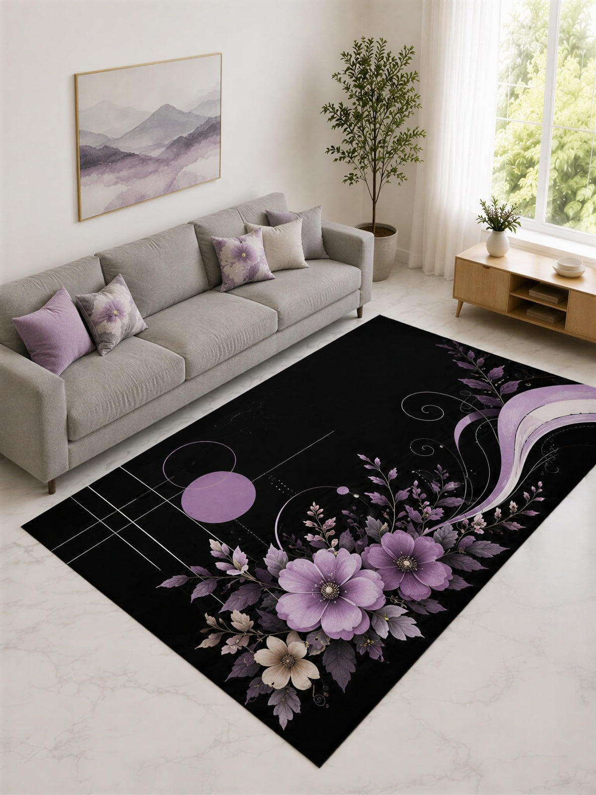 ICE ARMOR "Ultra Lightweight Large 6'7" x 9'10" Lavender and Black Botanical Curve Area Rug for Living Room, Bedroom and Home Office, Soft Low Pile Carpet with Non-Slip Silicone Backing
