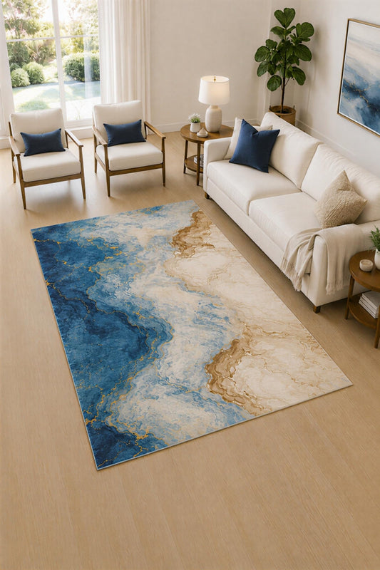 ICE ARMOR 5' x 7' Blue and Beige Ocean Veins Area Rug for Living Room, Soft Low Pile Carpet with Non-Slip Silicone Backing, Decor for Bedroom and Home Office
