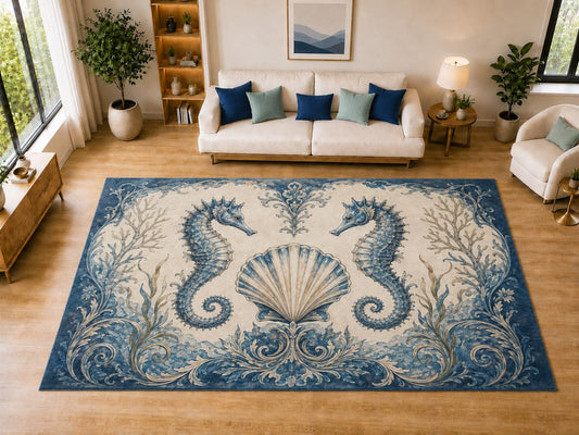 ICE ARMOR "Ultra Light Weight Large 6'7" x 9'10" Seahorse Coral Area Rug for Dining, Living Room, Bedroom, Soft Low Pile Indoor Rug with Non-Slip Silicone Backing, Navy Cream