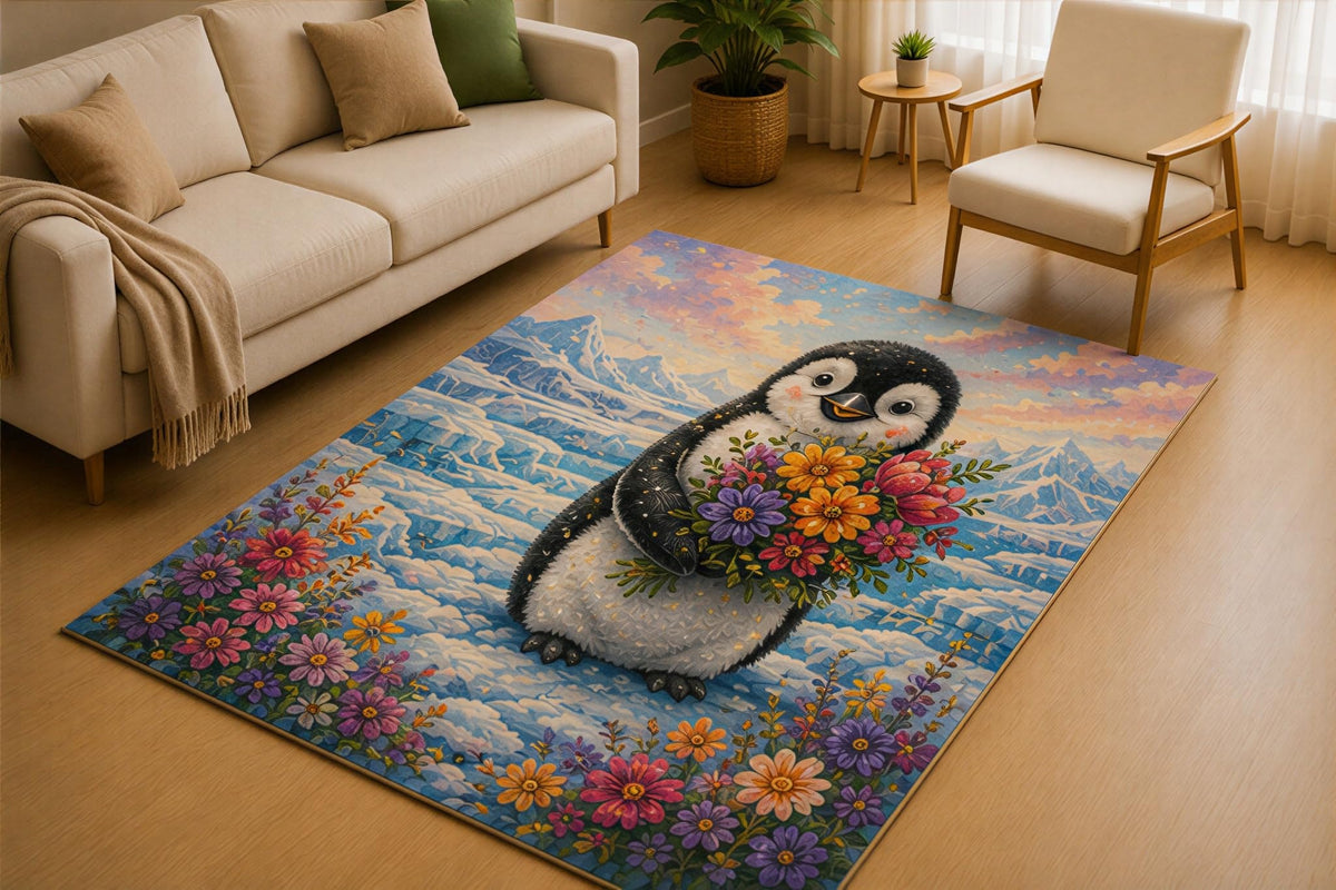 ICE ARMOR 5' x 7' Penguin Floral Arctic Area Rug for Living Room, Soft Low Pile Indoor Rug with Non-Slip Silicone Backing, Nature Carpet for Bedroom, Nursery, Kids Room, Kids & Pets, Blue White