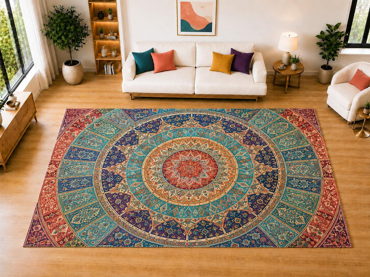 ICE ARMOR "Ultra Light Weight Large 6'7" x 9'10" Circular Medallion Area Rug for Living Room Bedroom Dining Room, Soft Low Pile Non-Slip Backing, Teal Navy Coral Cream Traditional Decor