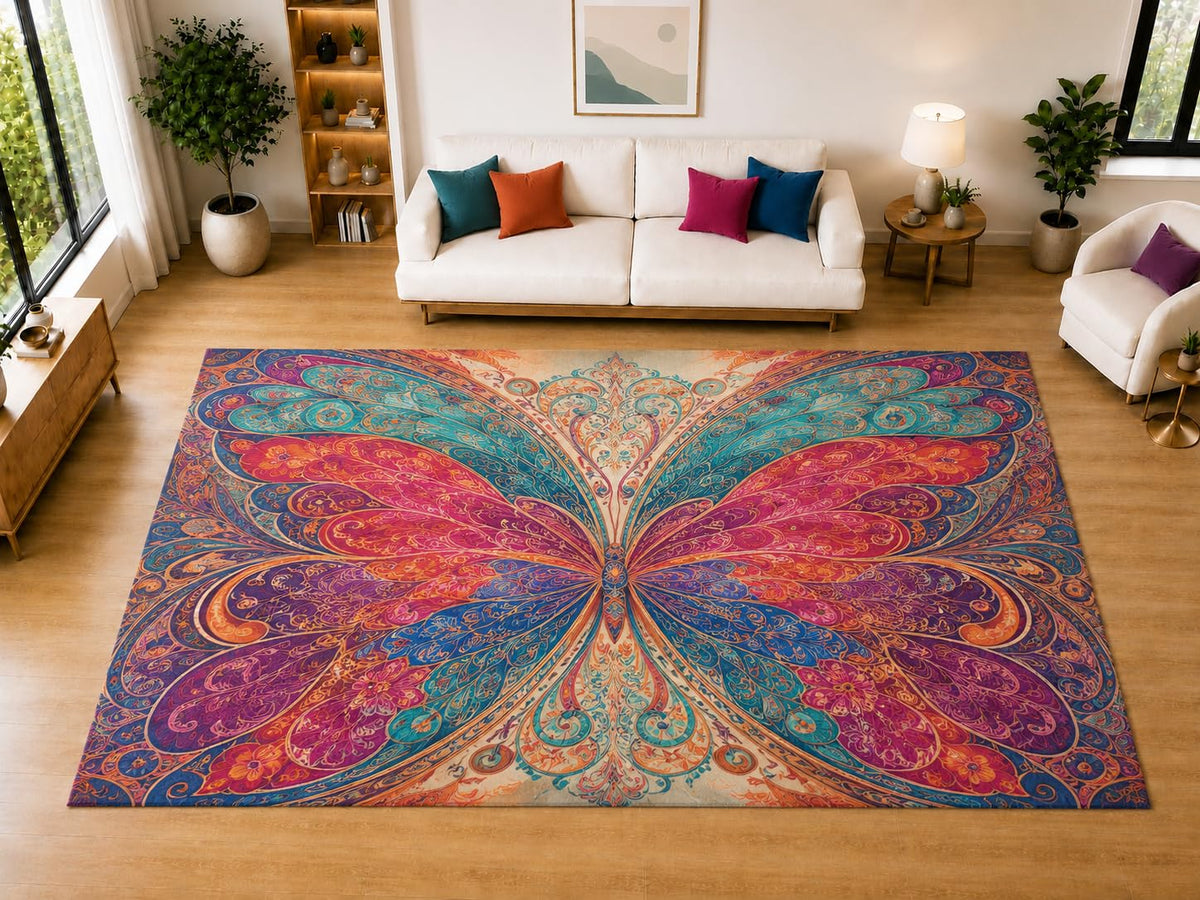 ICE ARMOR "Ultra Light Weight Large 6'7" x 9'10" Butterfly Paisley Area Rug for Living Room Bedroom Dining Room, Soft Low Pile Non-Slip Backing, Pink Teal Purple Orange Decorative Floor Decor