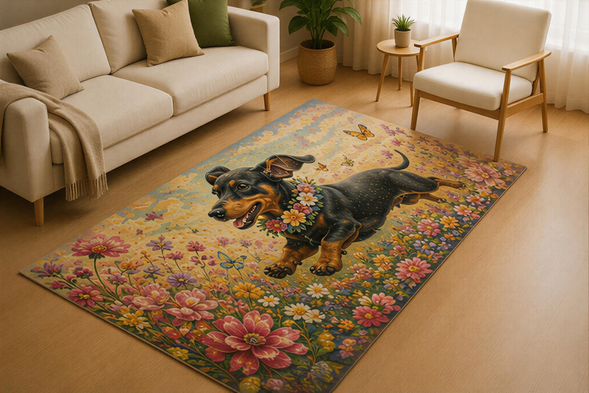 ICE ARMOR 5' x 7' Dachshund Wildflower Meadow Area Rug for Living Room, Soft Low Pile Indoor Rug with Non-Slip Silicone Backing, Botanical Carpet for Bedroom, Nursery, Kids & Pets, Black Tan