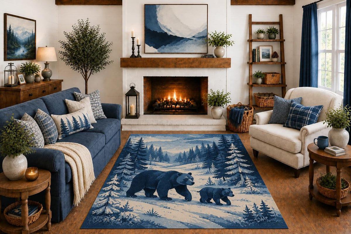 ICE ARMOR "Ultra Light Weight 5' x 7' Snowy Black Bear Family Area Rug, Winter Pine Forest Wildlife Art for Living Room Cabin Bedroom, Non-Slip Silicone Backing Low Pile