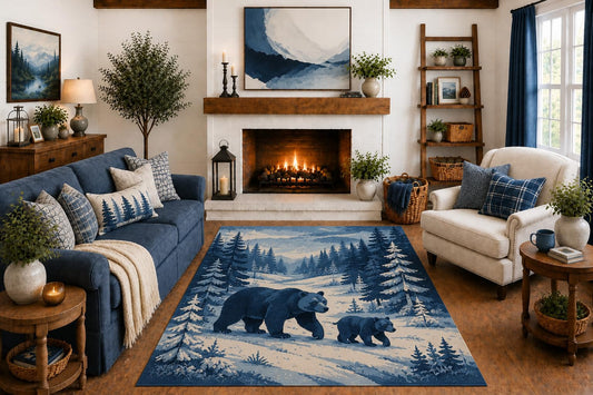 ICE ARMOR "Ultra Light Weight 5' x 7' Snowy Black Bear Family Area Rug, Winter Pine Forest Wildlife Art for Living Room Cabin Bedroom, Non-Slip Silicone Backing Low Pile