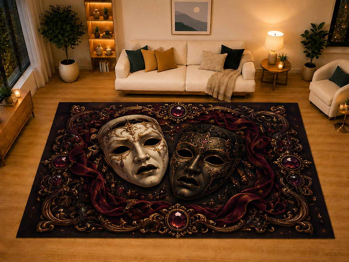 ICE ARMOR "Ultra Light Weight Large 6'7" x 9'10" Venetian Theater Masks Gothic Area Rug for Living Room Bedroom Dining Area, Soft Low Pile Non-Slip Backing, Burgundy Black Victorian Decor